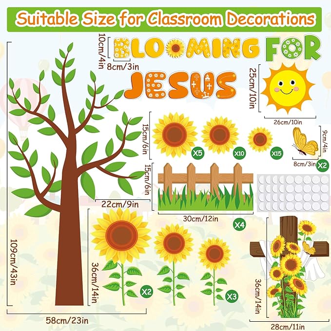 gisgfim Sunflower Bulletin Board Decoration Set Summer Religious Cutouts for Classroom School Welcome Blooming for Jesus Spring Christian Bulletin Board Craft Door Home Wall(Blooming for Jesus)