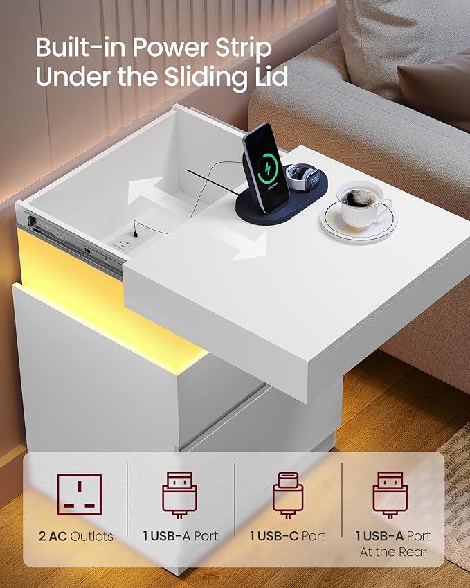 VASAGLE Kailyn Collection - Nightstand with Power Outlets, Sliding Lid, Modern Bedside Table with LED Lights, End Table, 2 Drawers, 15.7 x 18.9 x 26.8 Inches, Cloud White ULET650WB01S