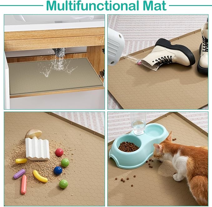 Waterproof Under Sink Mat 22" x 19", Silicone Cabinet Liner, Rubber Protector for Kitchen and Bathroom, Keeps Cabinets Clean, Dry, and Organized (Khaki)