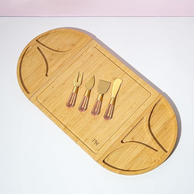 Paris Hilton Charcuterie Board and Serving Set, Customizable and Magnetic Bamboo Board with Cheese Utensils, 7-Piece Set, Pink