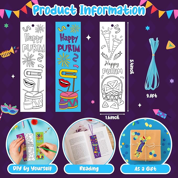 75Pcs Purim Color Your Own Bookmarks Happy Purim DIY Coloring Blank Bookmark Classroom Art Craft Supplies for Teachers Students Jewish Purim Carnival Holiday Party Gift Supplies Reward Goodie Fillers