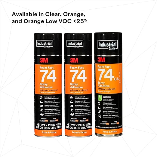 3M Foam Fast Spray Adhesive 74, Orange Color, High Strength Bonding, Fabric Adhesive, 24 fl oz Can, 16.9 oz (480 g) Net Wt, NOT FOR SALE IN CA AND OTHER STATES