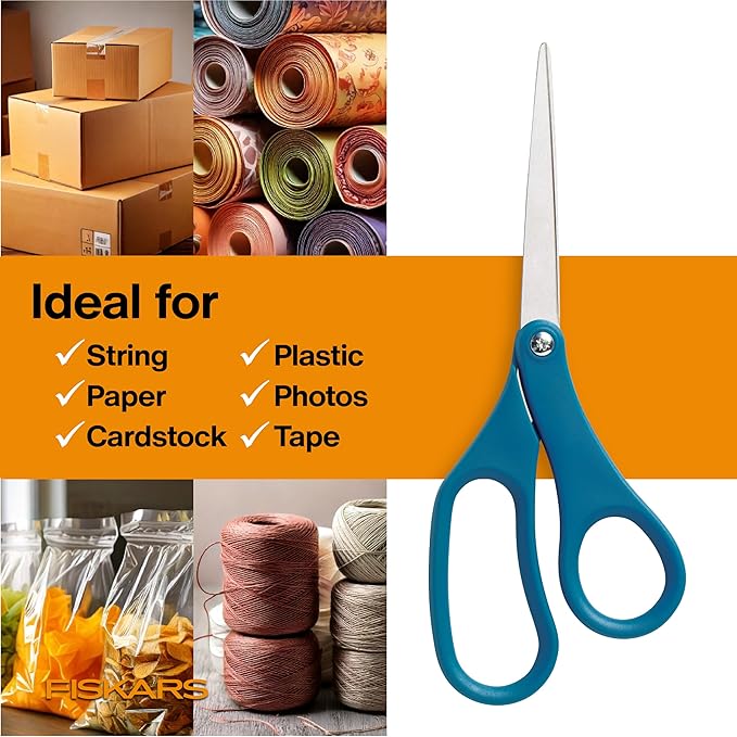 Fiskars 8" Scissors for Home & Office (2-Pack), Stainless Steel Scissors, All Purpose Cutting for Home, Arts & Crafts, Blue