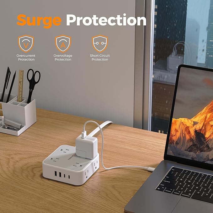 TESSAN Surge Protector Power Strip, 5 FT Extension Cord with Multiple Outlets Flat Plug, 4 USB (2 USB C) and 8 AC Outlets, 900 Joules Protection, Wall Mount Charging Station for Home, Office, Dorm