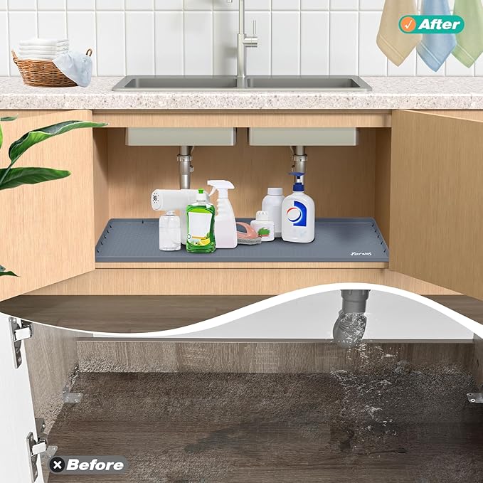 Waterproof Under Sink Mat 34" x 22", Silicone Cabinet Liner, Rubber Protector for Kitchen and Bathroom, Keeps Cabinets Clean, Dry, and Organized (Grey)