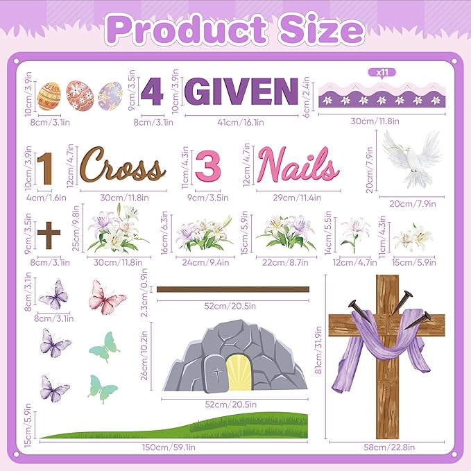 Easter Jesus Cross Bulletin Board Decorations Set 1 Cross 3 Nails 4 Given Jesus Resurrection Classroom Decor Easter Spring Religious Paper Cutouts for Sunday School Church Blackboard Wall Decoration