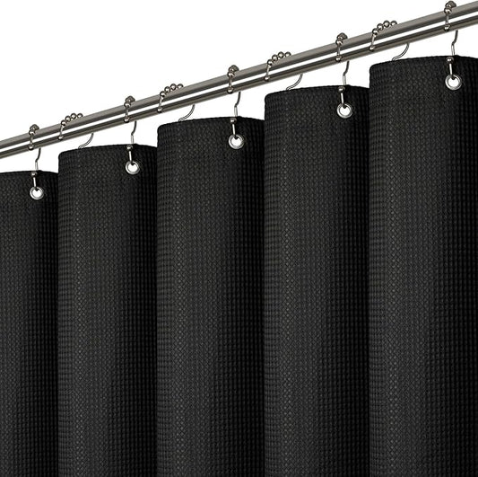 LiBa Waffle Weave Fabric Black Shower Curtain, 72 W x 72 H Water Repellent & Heavyweight, Hotel Quality & Machine Washable Cloth Linen Shower Curtains Set and for Bathroom