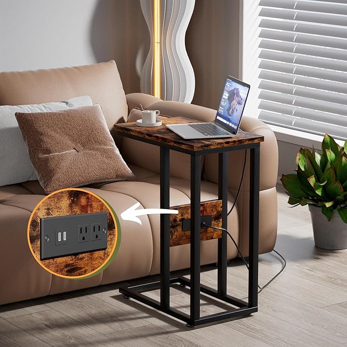 VECELO C Shaped End Table with Charging Station & Power Outlets, Quick Access Side Table for Sofa, C Bedside for Living Room Bedroom 1 Set,Brown