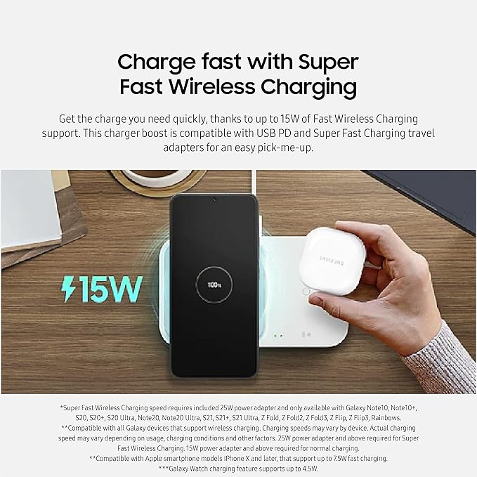 SAMSUNG 15W Wireless Charger Duo w/USB C Cable, Charge 2 Devices at Once, Cordless Super Fast Charging Pad for Galaxy Phones and Devices, 2022, US Version, Black