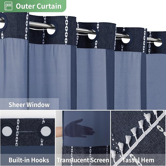 No Hook Extra Long Shower Curtain Set with Snap-in Liner,Linen Textured Thick Striped Fabric with Tassels,Boho Chic Modern Farmhouse Bathroom Curtain,Water-Repellent,Navy Blue,71x86