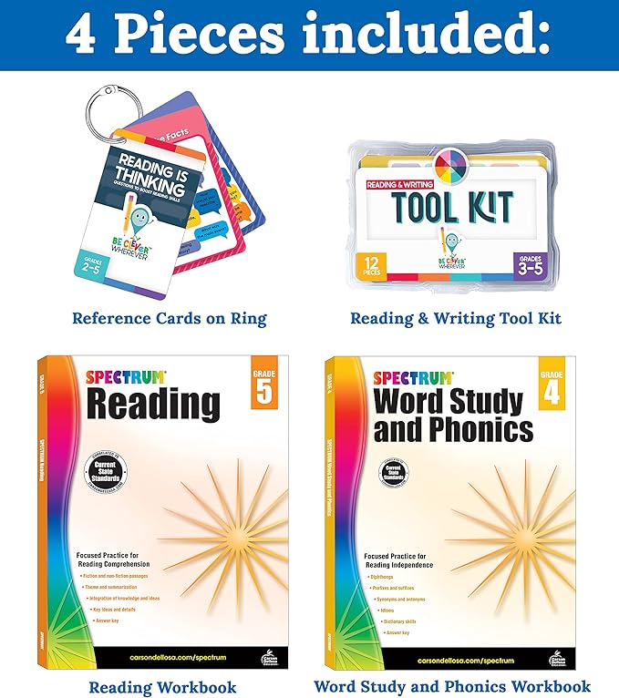 Carson Dellosa 31pc 4th Grade Reading Bundle, Grade 4 Word Study & Phonics and Reading Comprehension Workbooks and 4th Grade Reading Manipulatives, Literacy Centers for 4th Graders