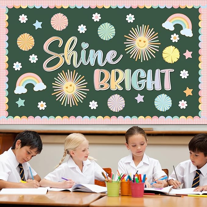 Boho Shine Bright Bulletin Board Set Summer Pastel Sun Classroom Decorations Colorful Rainbow Flowers Paper Cutouts for Teacher Supplies Back to School Nursery Chalkboard Home Office Wall Door Decor