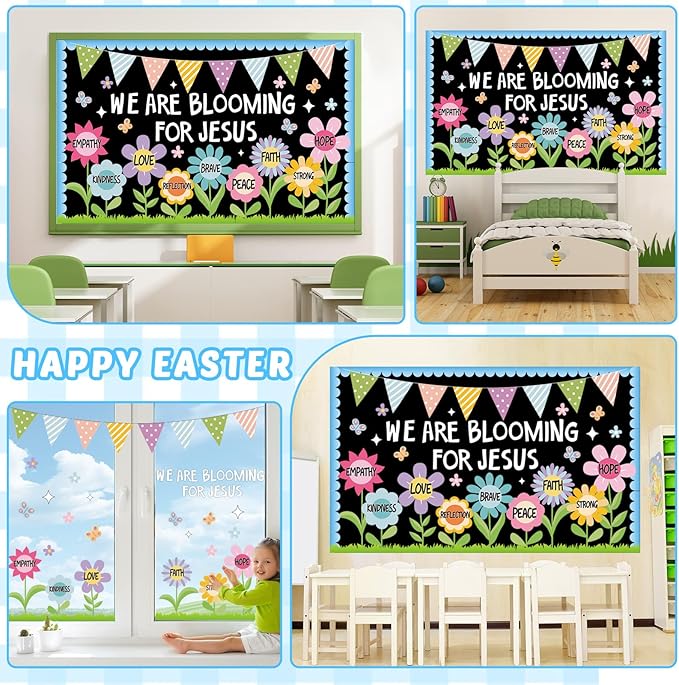 Naozinebi Spring Religious Christian Bulletin Board Sets Sunday School Decoration for Classroom Positive Floral Bulletin Board We are Blooming for Jesus Paper Cutout for Christian Church School Decor