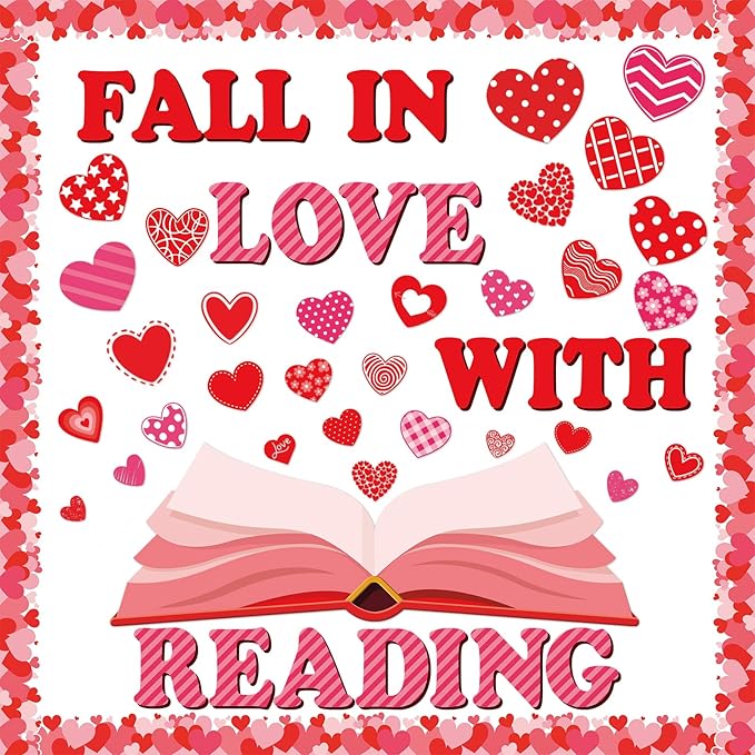 gisgfim Valentine's Day Reading Bulletin Board Decorations Set Valentines Red Heart Borders Cutouts for Party School Classroom Door Welcome Bulletin Board Craft Home Wall(Fall in Love with Reading)