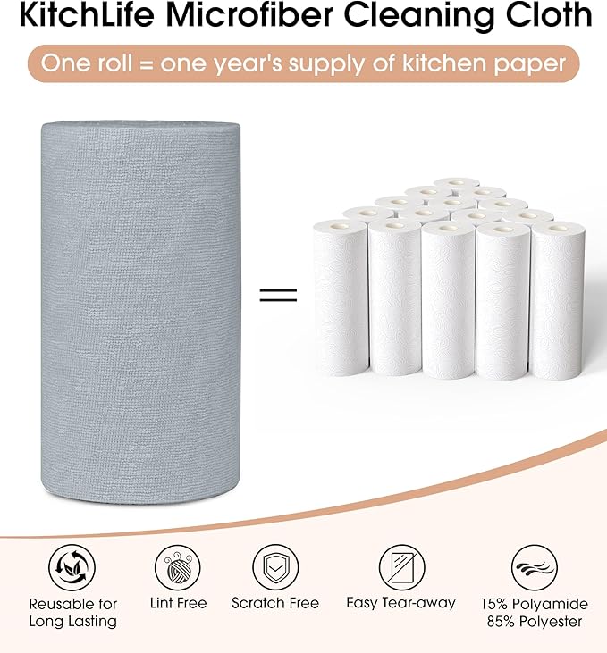 KitchLife Microfiber Cleaning Cloth Roll, 100 Pack - Tear-Away Microfiber Paper Towels, Lint-Free, Reusable, Washable for Kitchen, Car, Dishes, and Sensitive Surfaces (Dark Gray)