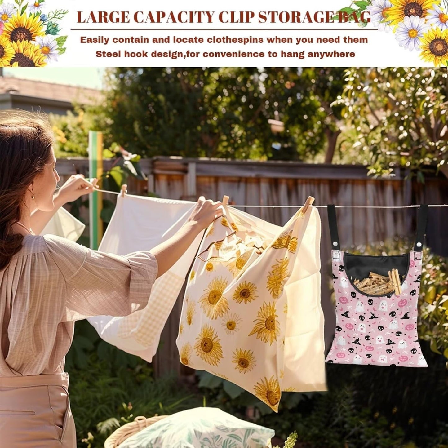 Clothes Pin Hanging Bag, Clothespin Bag with Large Opening, Lightweight Hanging Laundry Bag, Clothespin Storage Organizer Fit On A Rod - Halloween