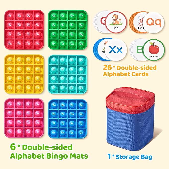JoyCat Alphabet Bingo Board Game,ABC Learning Toys for Kids Ages 3-5,Bingo Game for 2 to 6 Kids Kindergarten Preschool 1st 2nd 3rd（6 Pads + 26 Flash Cards）
