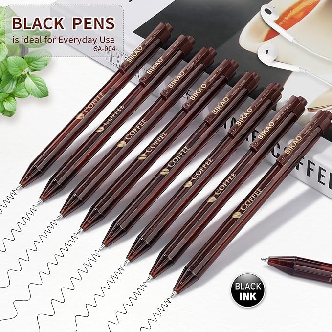Coffee Ballpoint Pens Bulk, 60 Pack Click Pens Smooth Writing 1.0mm Black Ink, Coffee-Brown Barrel with Gold “COFFEE” Print for Office, School, Café Use or Severs