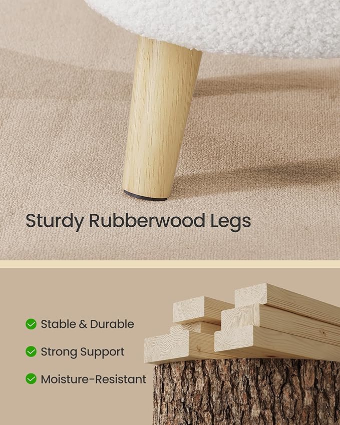SONGMICS Storage Ottoman, Foot Stool, Round Ottoman with Padded Seat, Foot Rest with Wood Legs, Small Table, for Hallway, Living Room, 12.2 Inches, Teddy Fleece, White ULOM515WD01
