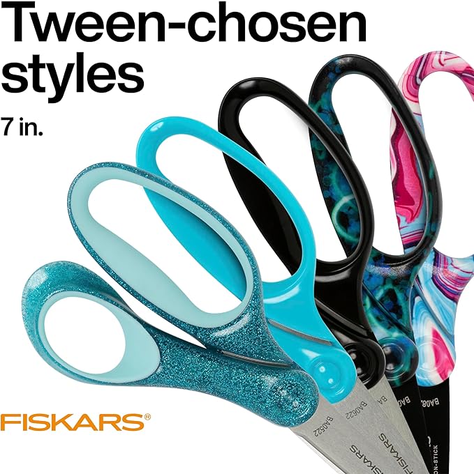 Fiskars 7" SoftGrip Student Glitter Scissors for Kids 12+ - Scissors for School or Crafting - Back to School Supplies - Black Glitter (Pack of 1)