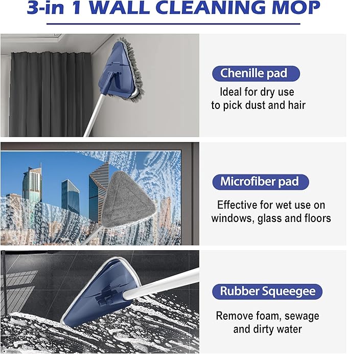 Wall Cleaner Mop with 82" Extendable Handle, 360° Rotating Head & 90° Flip, Microfiber/Chenille Pads, Built-in Squeegee for Ceiling, Wall, Baseboard and Window Cleaning