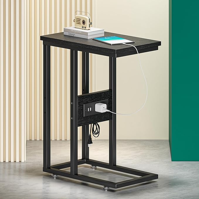 VECELO C Shaped End Table with Charging Station & Power Outlets, Quick Access Side Table for Sofa, C Bedside for Living Room Bedroom 1 Set,Black