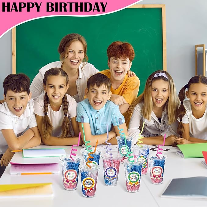 Qinyoung 24 Set Creative Happy Birthday Gifts from Teacher Students Birthday Cups with Lids Colorful Straws Stickers and Raffia Disposable Plastic Cups for Reward Kids Prize Classroom Party Supplies