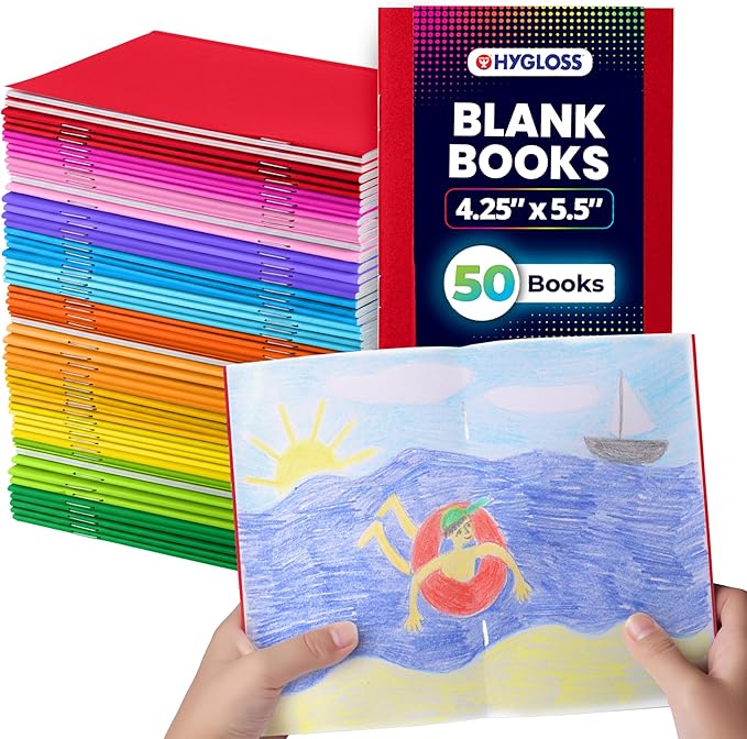 Hygloss Blank Books - Bulk 50 Pack – 4.25" x 5.5" A6 Assorted Colors – Paperback Blank Books for Kids to Write Stories, Doodle Art – Plain Drawing Sketchbook, Unlined Journal, Notebook Without Lines