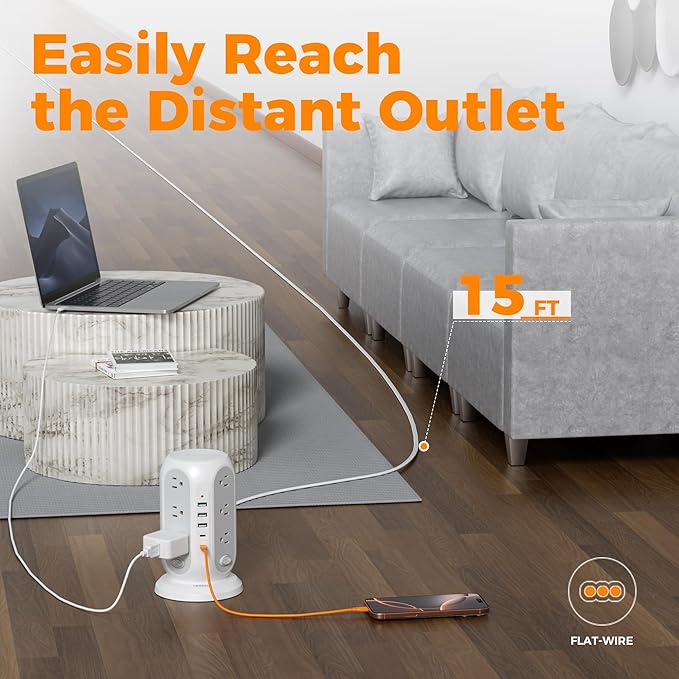 TESSAN 15 ft Extension Cord Tower Power Strip, 4 Individual Switches with 12 AC Outlets, 5 USB Ports (2 USB C), Surge Protector Flat Plug, Long Extension Cord with Multiple Outlets for Office, Dorm