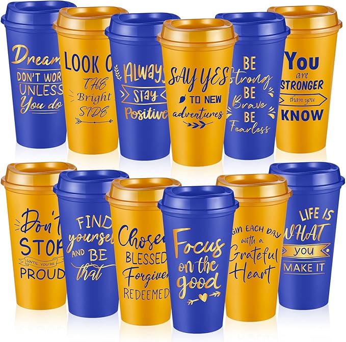 12 Pcs Inspirational Gifts for Employee Coworkers Staff Teammate, 16oz Reusable Plastic Coffee Cups with Positive Sayings, Bundle Gifts for Woman Man Coworker (Blue,Gold,Inspirational)