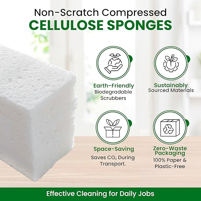 Cellulose Sponges – 24-Pack White Compressed Natural for Kitchen – Plant-Based, Biodegradable, Non-Scratch, Quick-Dry, Super-Absorbent for Dishes & Surfaces (24, White)