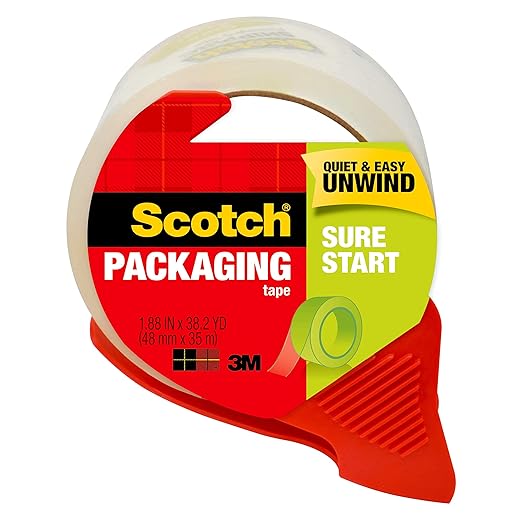 Scotch Sure Start Shipping Packaging Tape, 1.88" x 38.2 yd, Designed for Packing, Shipping and Mailing, Quiet Unwind, No Splitting or Tearing, 1.5" Core, Clear, 1 Dispensered Roll (Pack of 2)