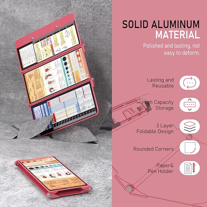 Nursing Clipboard Foldable, Foldable Clipboard w/Nursing Edition Cheat Charts,3 Layers Aluminum, Nurse Clip Board w/Low Profile Clip&Pen Clip Pocket for Students, Nurses and Doctors, Rose