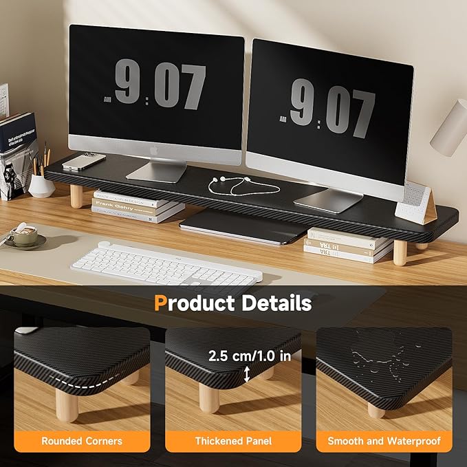 Dual Monitor Stand Riser, 39 Inch Extra Long Wooden Desktop Monitor Riser with Storage for 2 Monitors Ultra Strong Desk Shelf Organizer Riser Ergonomic for 2 Screens/Laptop/PC/TV/Printer, Large, Black