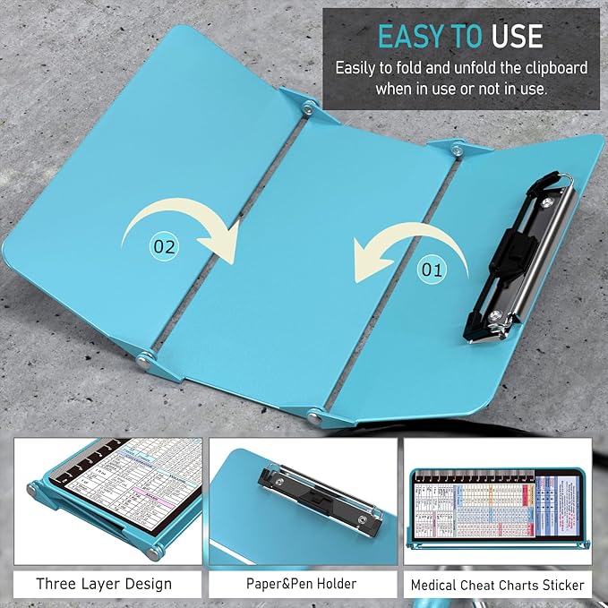 Nursing Clipboard Foldable, Foldable Clipboard w/Nursing Edition Cheat Charts,3 Layers Aluminum, Nurse Clipboard w/Low Profile Clip&Pen Clip Pocket for Students, Nurses and Doctors, Blue