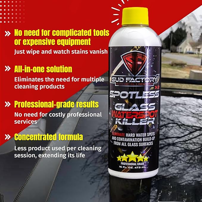 Sud Factory Hard Water Spot Remover for Glass Spotless X2 - Removes Water Stains from Shower Doors, Car Windows, Windshields - Professional Strength 16oz