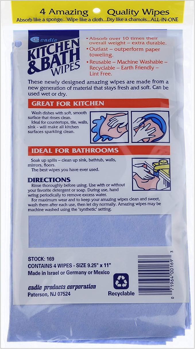Cadie Kitchen and Bath Amazing Wipes - Absorbent and Reusable Cloth for Washing, Drying, Wiping in The Bathroom or Cuisine Surfaces | Cleaning Sink,Tiles,Bathtub,Walls,Mirror (10Pack-40 Wipes, Blue)