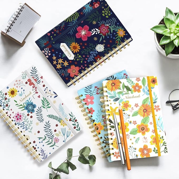 Coopay 4 Pack A5 Spiral Notebook Journal for Women, College Ruled Composition Notebooks Hardcover Spiral Journal, Cute Blooming Floral, Office School Business Supplies, 8.3" x 5.5", 160 Page