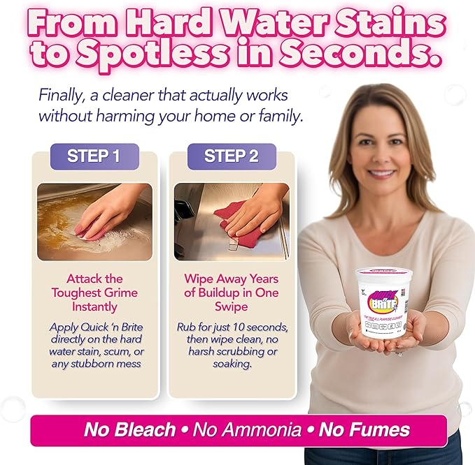 Quick 'n Brite Hard Water Stain Kit - 32oz All Purpose Cleaning Paste, Microfiber Towel, two Melamine Sponges, Scraper Tool