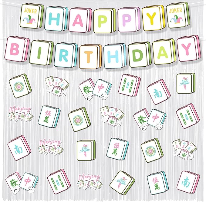 Epakh 39 Pcs Mahjong Birthday Party Decorations Includes 24 Pieces Paper Cards Decor 13 Pcs Happy Birthday Banner 2 Pieces Foil Fringe Curtain Backdrop for Photo Prop Themed Party Supplies