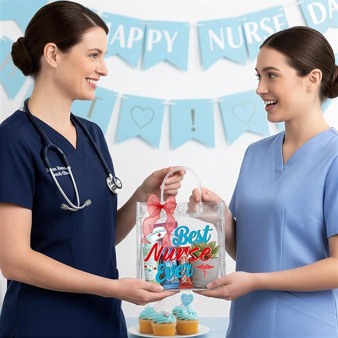 H1vojoxo Nurse Appreciation Gift Bags - 24PCS Nurse Clear PVC Gift Bags with Red Bow Ribbon Nurses Week Thank You Gifts Bag with Handles for Medical Assistant Healthcare Workers Best Nurses Ever
