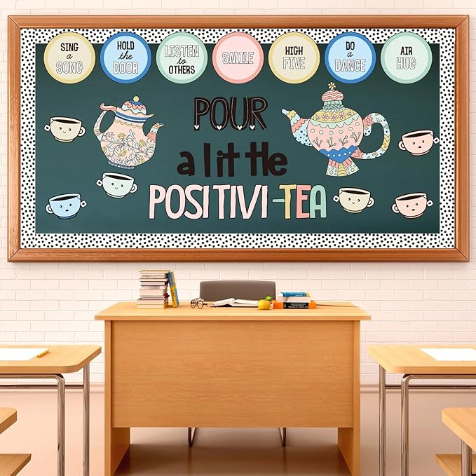Positivity Classroom Bulletin Board Decorations Set, Pour A Little Inspirational Kettle Teacup Paper Cutouts with Dot Bulletin Border Trims for Back to School Classroom Supplies Door Wall Decor