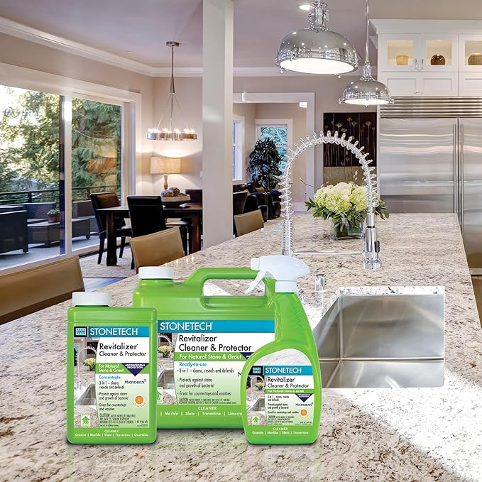 Stone Surface Cleaner Spray for Stonetech Revitalizer Cleaner and Protector, 3‑in‑1 Ready to Use Spring Rain Bottle for Granite & Marble, Reseals & Refreshes Natural Stone Countertops & Tiles, 128 oz