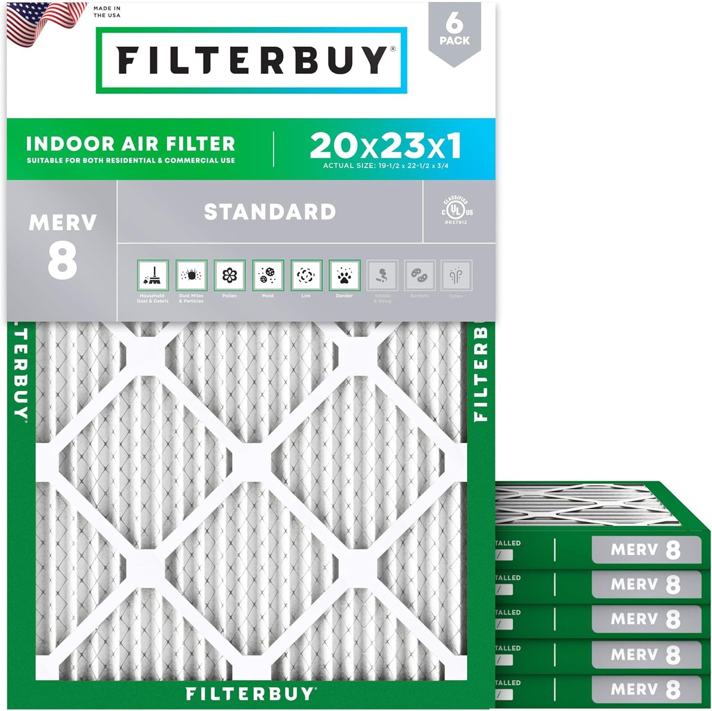 Filterbuy 20x23x1 Air Filter MERV 8 (MPR 700) Dust Defense Replacement (6-Pack), Electrostatic Pleated HVAC AC Furnace Filters, Made in USA (Actual Size: 19.50 x 22.50 x 0.75)