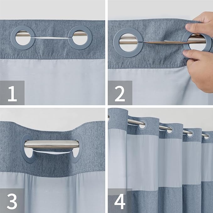 Stall No Hooks Needed Linen Textured Shower Curtain with Snap-in Fabric Liner Set,Hotel Luxury Decor Shower Curtains for Bathroom,Waterproof & Washable,60Wx74H,Blue Grey