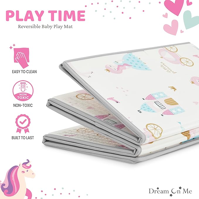 Dream On Me Play Time Reversible Baby Playmat, Foldable Extra Large Thick Foam Crawling Playmats for Toddlers, Waterproof Portable Playmat for Babies