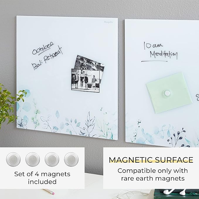 ECR4KIDS MessageStor Magnetic Dry-Erase Glass Board with Magnets, 17.5in x 17.5in, Wall-Mounted Whiteboard, Botanical, 2-Pack