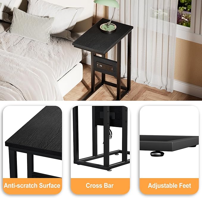 VECELO C Shaped End Table with Charging Station & Power Outlets, Quick Access Side Table for Sofa, C Bedside for Living Room Bedroom 2 Set,Black