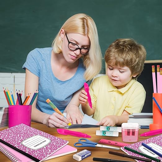 39 Pcs Back to School Supplies Essentials Bundle Include Pencils Scissors Ruler Eraser Crayon Sharpener Notebook Pencil Case Folder Notebook(Pink)