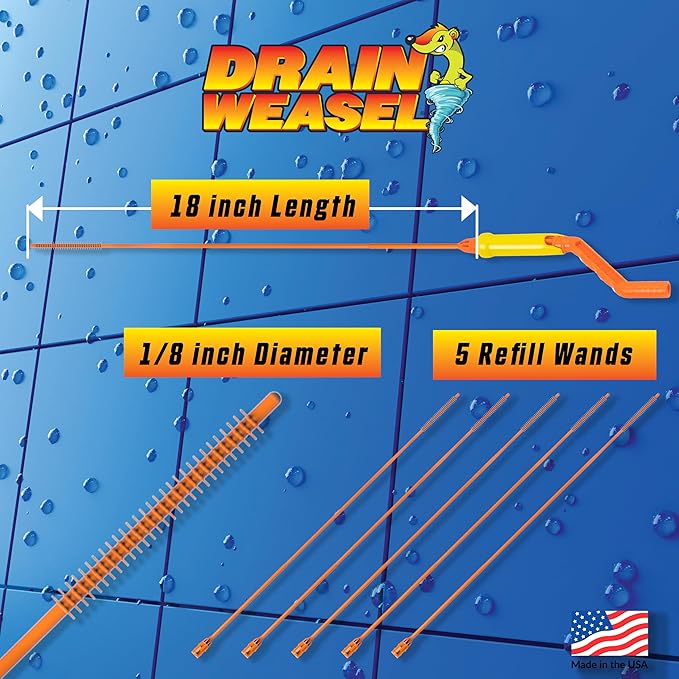 FlexiSnake Pro Drain Weasel Sink Snake Cleaner with New Molded Tip - 18″ - Drain Snake Clog Remover Tool with Rotating Handle & 5 Wand Refills - Easy to Use on Drains & Grates - Made in USA - 5-Pack